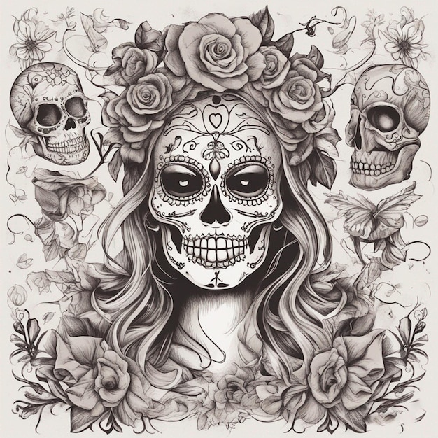 Handdrawn day of dead skull festival art ai generated