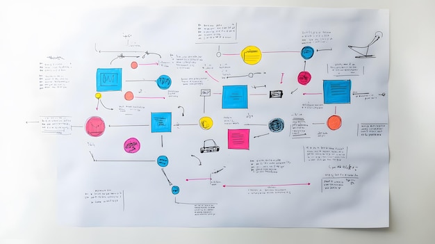 Photo handdrawn diagram with circles squares and arrows depicting a business process