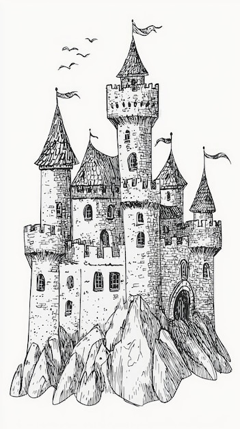 Photo handdrawn doodlestyle castle illustration on a rocky hilltop the castle has multiple towers and flags waving in the wind with birds flying overhead