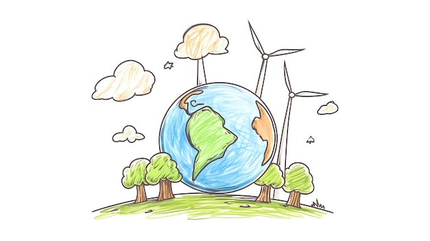 Photo handdrawn eco globe with renewable energy symbols representing sustainable development