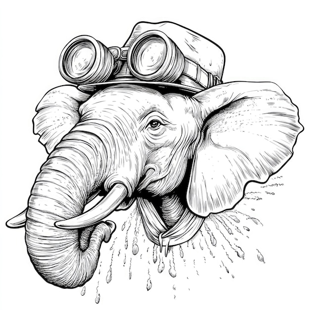 Photo handdrawn elephant explorer line art sketch with binoculars and water spray