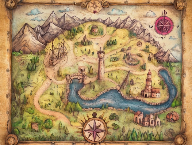 A handdrawn fantasy map with mountains a river a forest and a compass