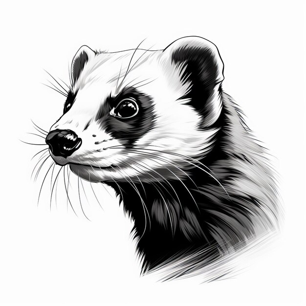 Handdrawn Ferret Portrait Highcontrast Realism Illustration