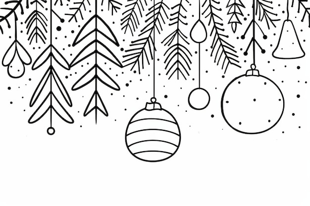 Photo handdrawn festive christmas ornaments and pine trees illustration