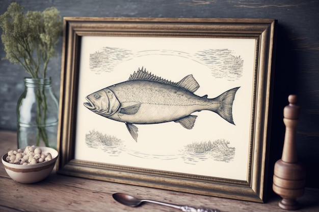 Handdrawn fish framed