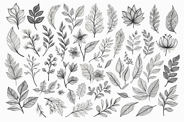 Photo handdrawn floral leaf decorative doodle collection