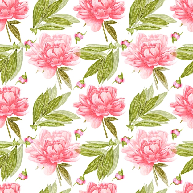 Handdrawn flowers seamless pattern Watercolor pink peony with green leaves buds on white background