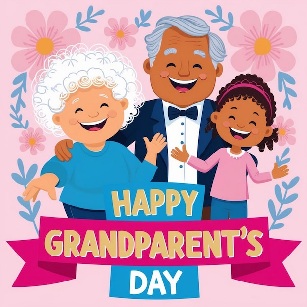 Photo handdrawn grandparents day illustration featuring grandparents and grandchild