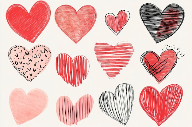 HandDrawn Hearts Collection Doodle Style Variations in Red and Black