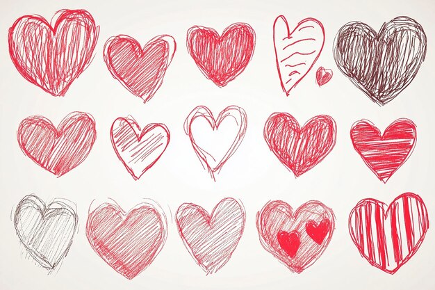 HandDrawn Hearts Collection Doodle Style Variations in Red and Black