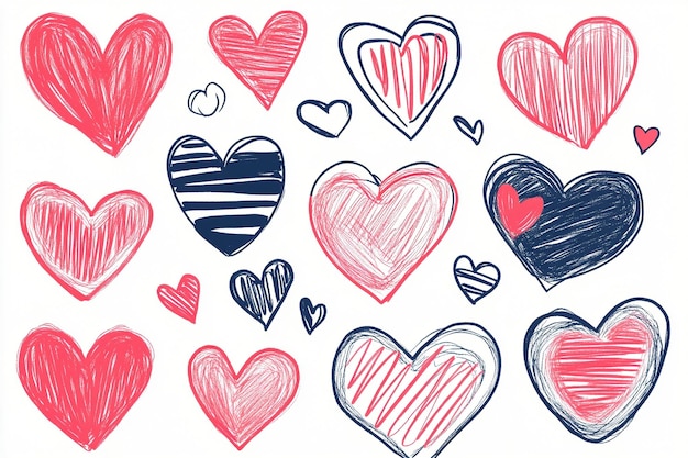 HandDrawn Hearts Collection Doodle Style Variations in Red and Black