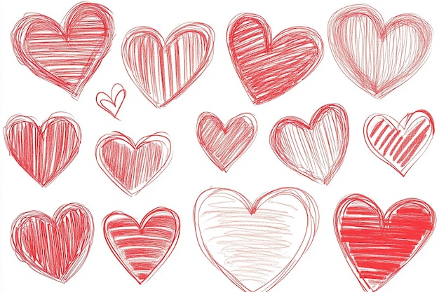 HandDrawn Hearts Collection Doodle Style Variations in Red and Black