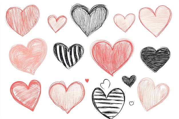 HandDrawn Hearts Collection Doodle Style Variations in Red and Black