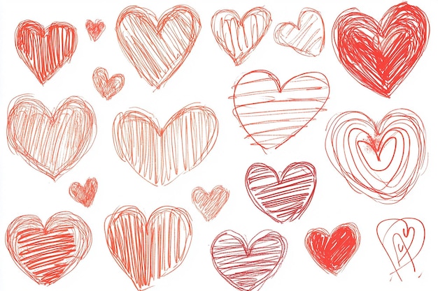 HandDrawn Hearts Collection Doodle Style Variations in Red and Black