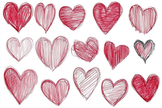 HandDrawn Hearts Collection Doodle Style Variations in Red and Black