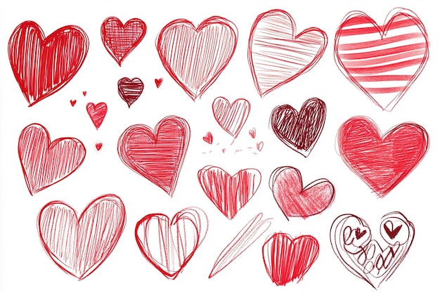 HandDrawn Hearts Collection Doodle Style Variations in Red and Black