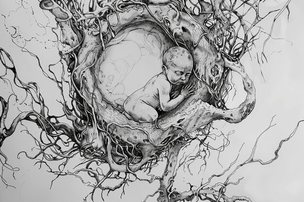 Photo handdrawn illustration of a baby sleeping in a tree nest surrounded by branches concept nature birth protection sketch art