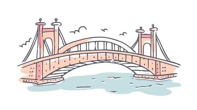 Handdrawn illustration of a bridge with a light blue river and pink towers