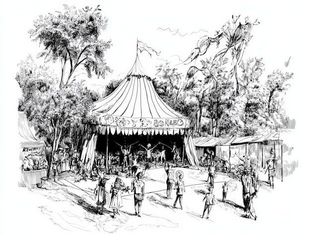 A handdrawn illustration of a circus tent with people gathered around it