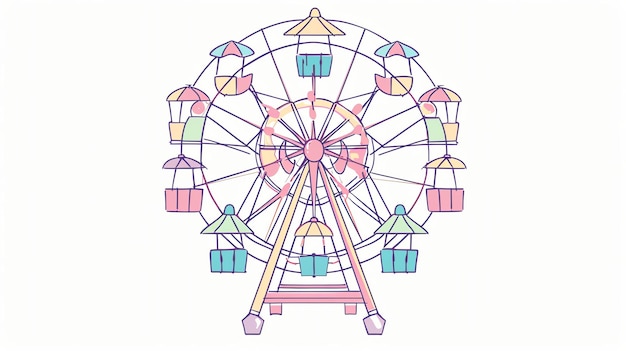 Handdrawn illustration of a colorful ferris wheel with cute gondolas