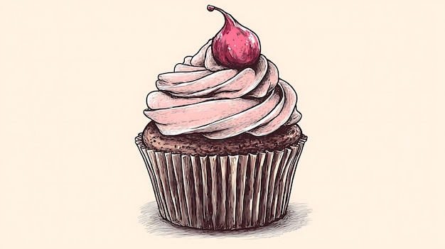 A handdrawn illustration of a delicious cupcake with pink frosting and a cherry on top