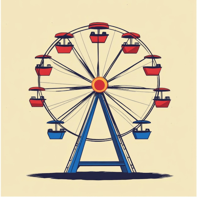 Photo a handdrawn illustration of a ferris wheel with a blue frame and red cabins against a beige background