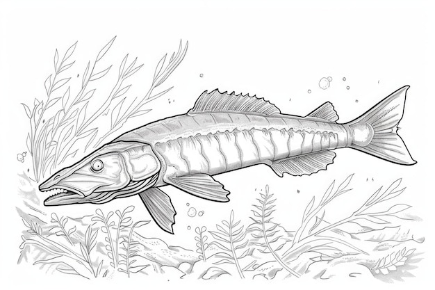 Handdrawn illustration of a fish in aquatic habitat