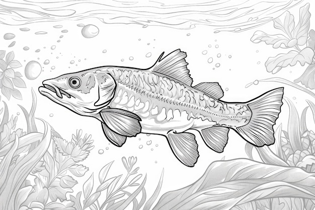 Handdrawn illustration of fish swimming in freshwater