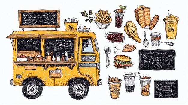 Photo handdrawn illustration of a food truck with a variety of menu items