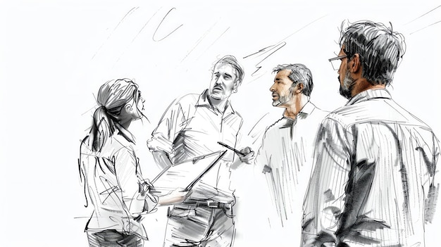 Handdrawn illustration of four people in discussion collaboration teamwork concept