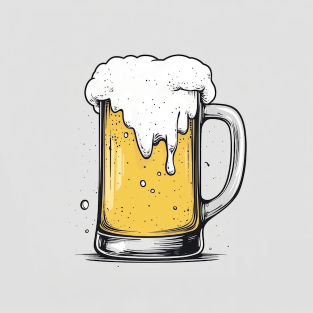 Photo handdrawn illustration of a glass of beer with foam