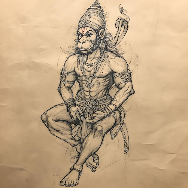 Photo handdrawn illustration of hanuman a hindu deity in a seated pose