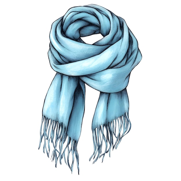 Photo handdrawn illustration of a light blue scarf with tassels