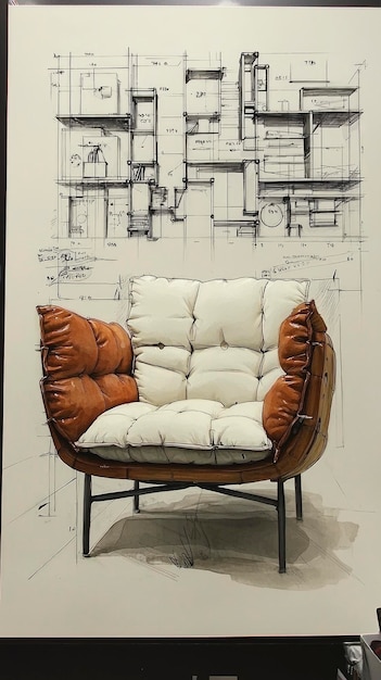 Photo handdrawn illustration of a modern armchair with architectural sketch in the background