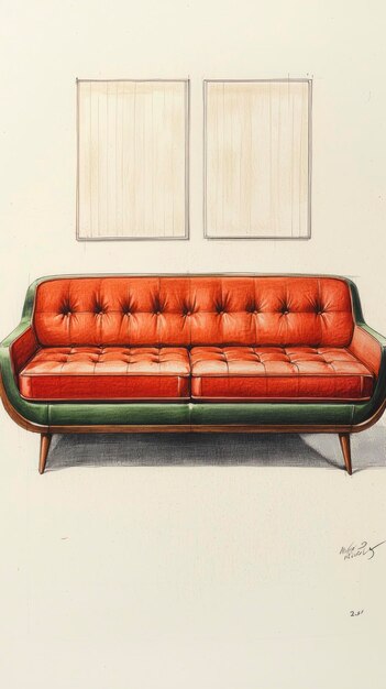 Photo handdrawn illustration of a modern couch with two empty frames