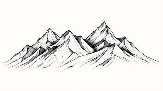 Handdrawn illustration of a mountain range with intricate details