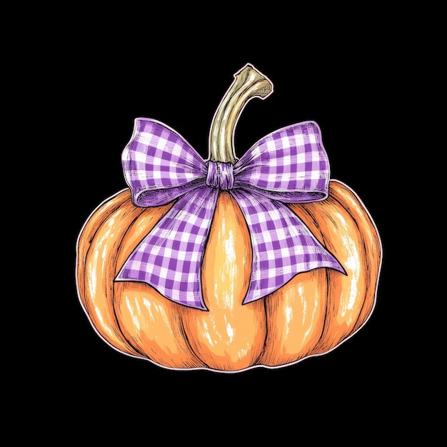 Photo handdrawn illustration of an orange pumpkin with a purple gingham bow on a black backgroundxa