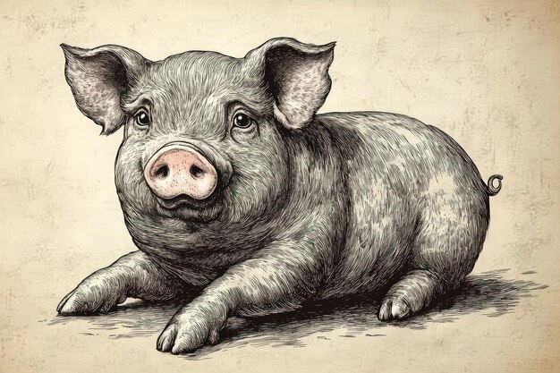 Photo a handdrawn illustration of a piglet lying down with its front legs extended and looking at the viewer the drawing is in black and white and has a vintage feel