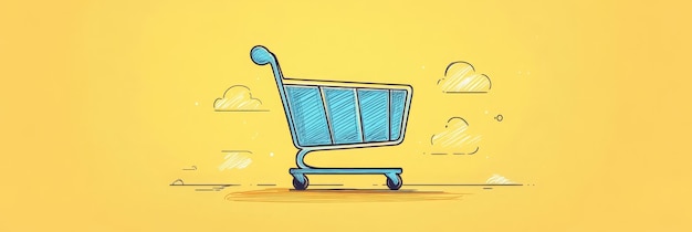 Photo a handdrawn illustration of a shopping cart in pencil art style on a yellow background symbol