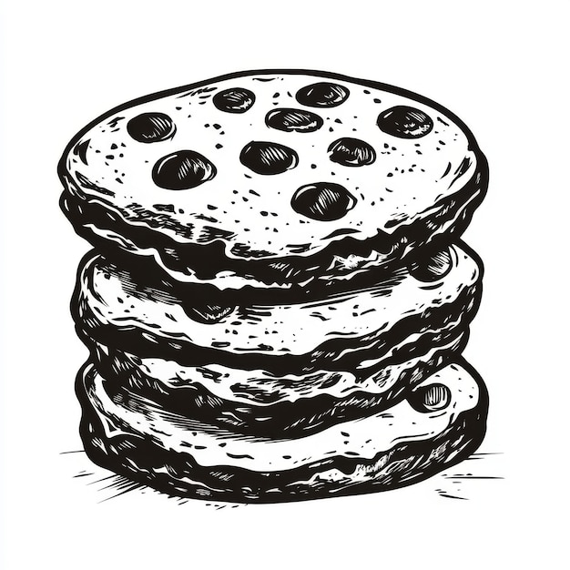 Photo a handdrawn illustration of a stack of three chocolate chip cookies