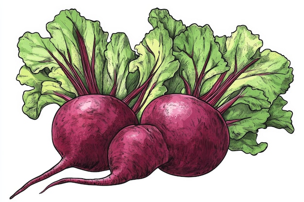 Photo handdrawn illustration of three beets with their greens