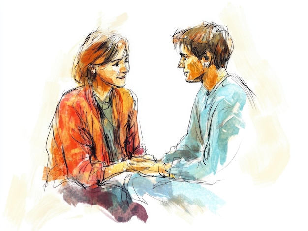 Handdrawn illustration of two people engaged in heartfelt conversation