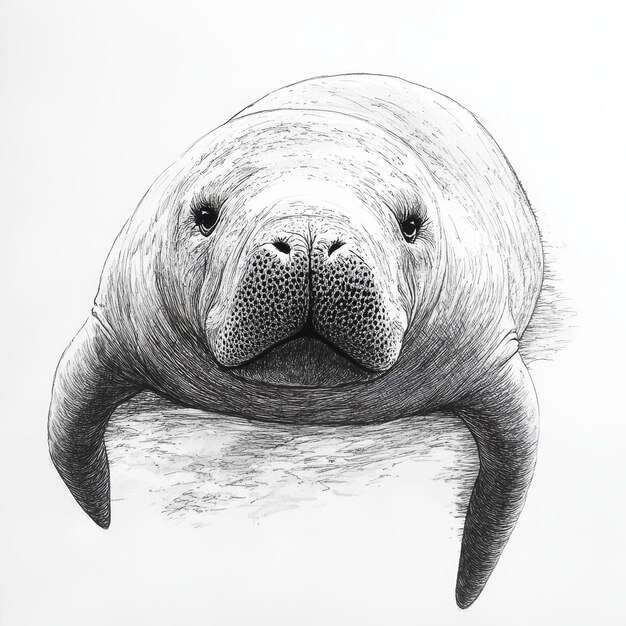 Photo handdrawn illustration of a walrus pencil drawing