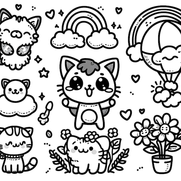 Photo handdrawn kawaii coloring book illustration 1