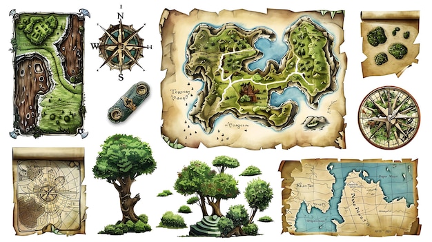 Photo handdrawn map element collection fantasy cartography