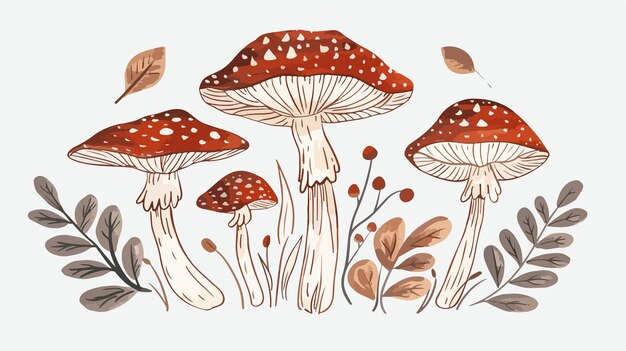 Handdrawn Mushrooms with Leaves Vector Illustration