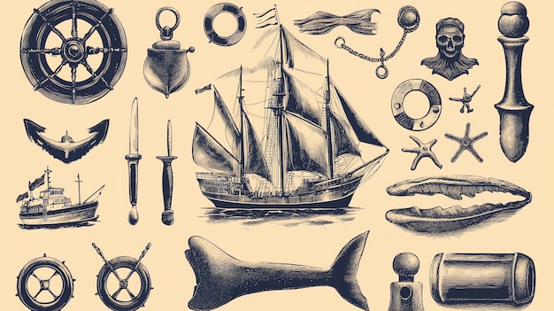 Photo handdrawn nautical illustration set with ship anchor and other seafaring items