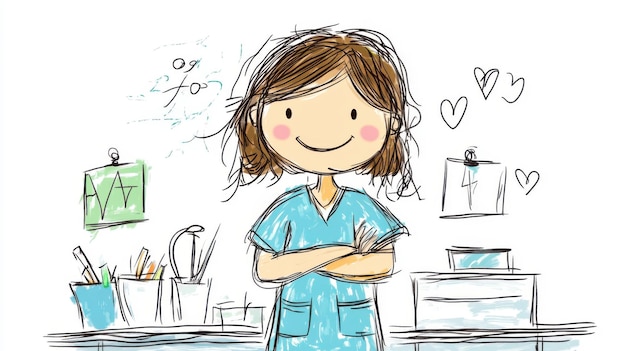 Photo a handdrawn nurse standing confidently in a hospital setting surrounded by hearts and medical equipment in a cute lighthearted style