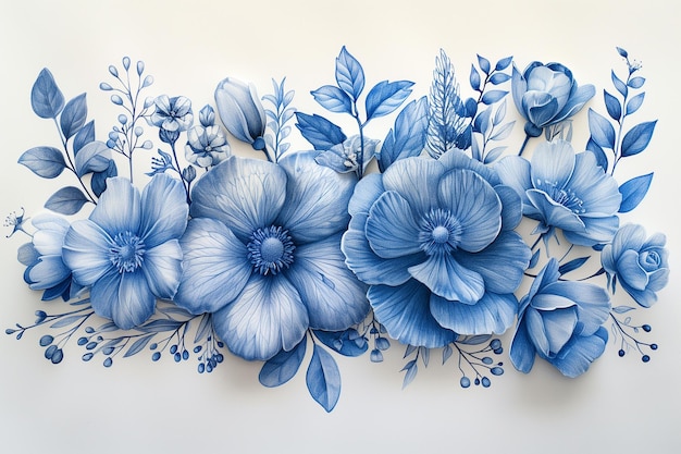 A handdrawn painting of blue flowers using a pen on a plain white background