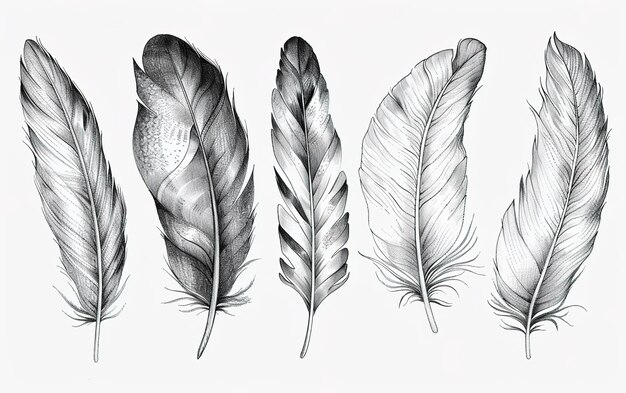 Photo handdrawn pencil illustrations of feathers isolated on a white background